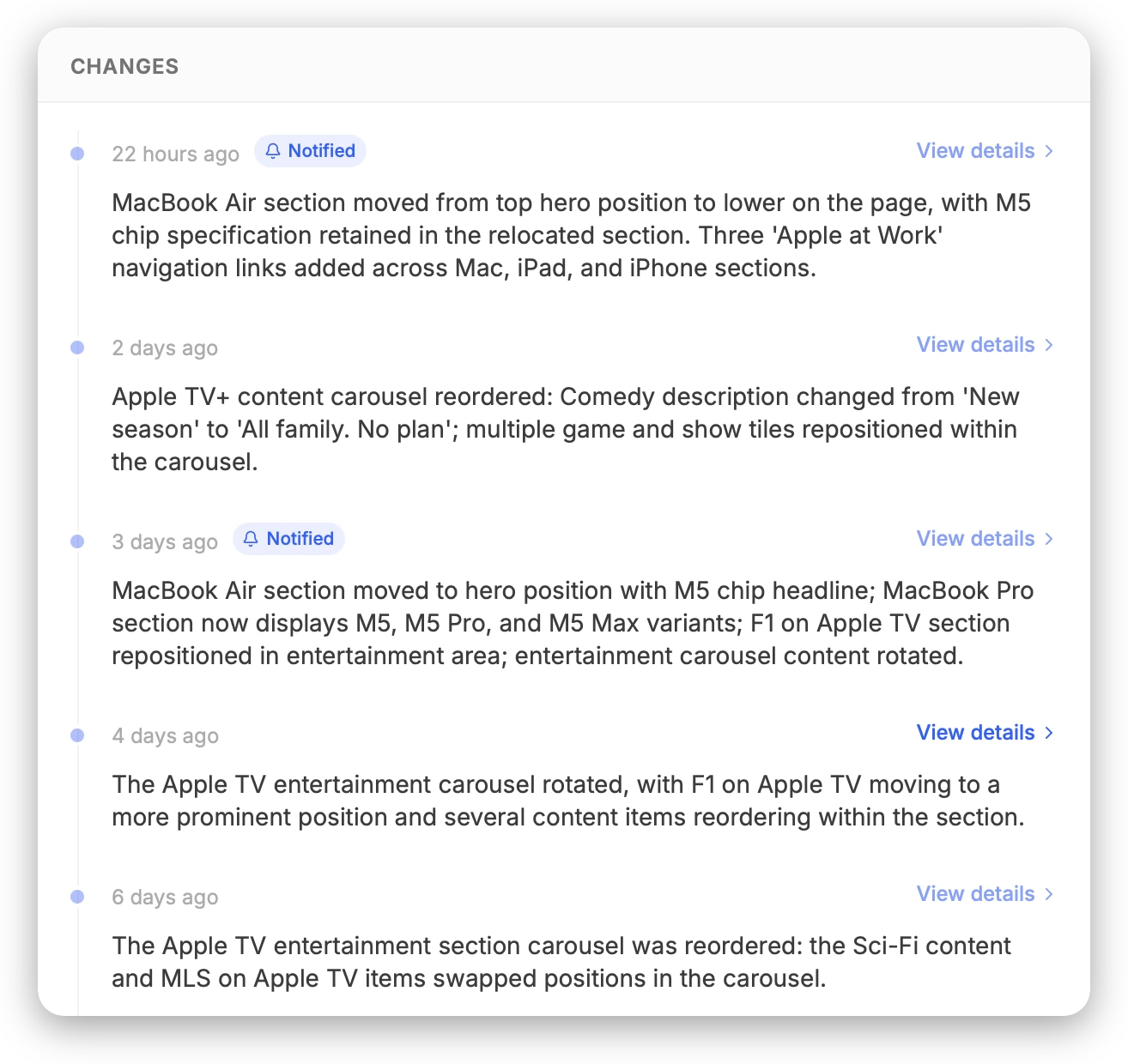 A PageDiff monitor's change history: each entry summarized, and flagged when it triggered an alert