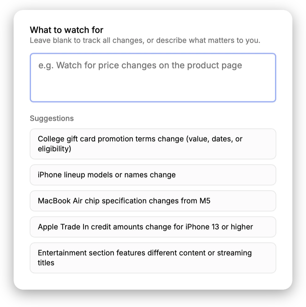 Describing what to watch on a page in plain English in PageDiff, with suggested conditions