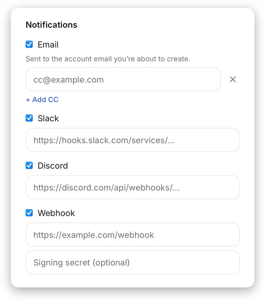 Notification channel options for page change alerts — email, Slack, Discord, and webhook