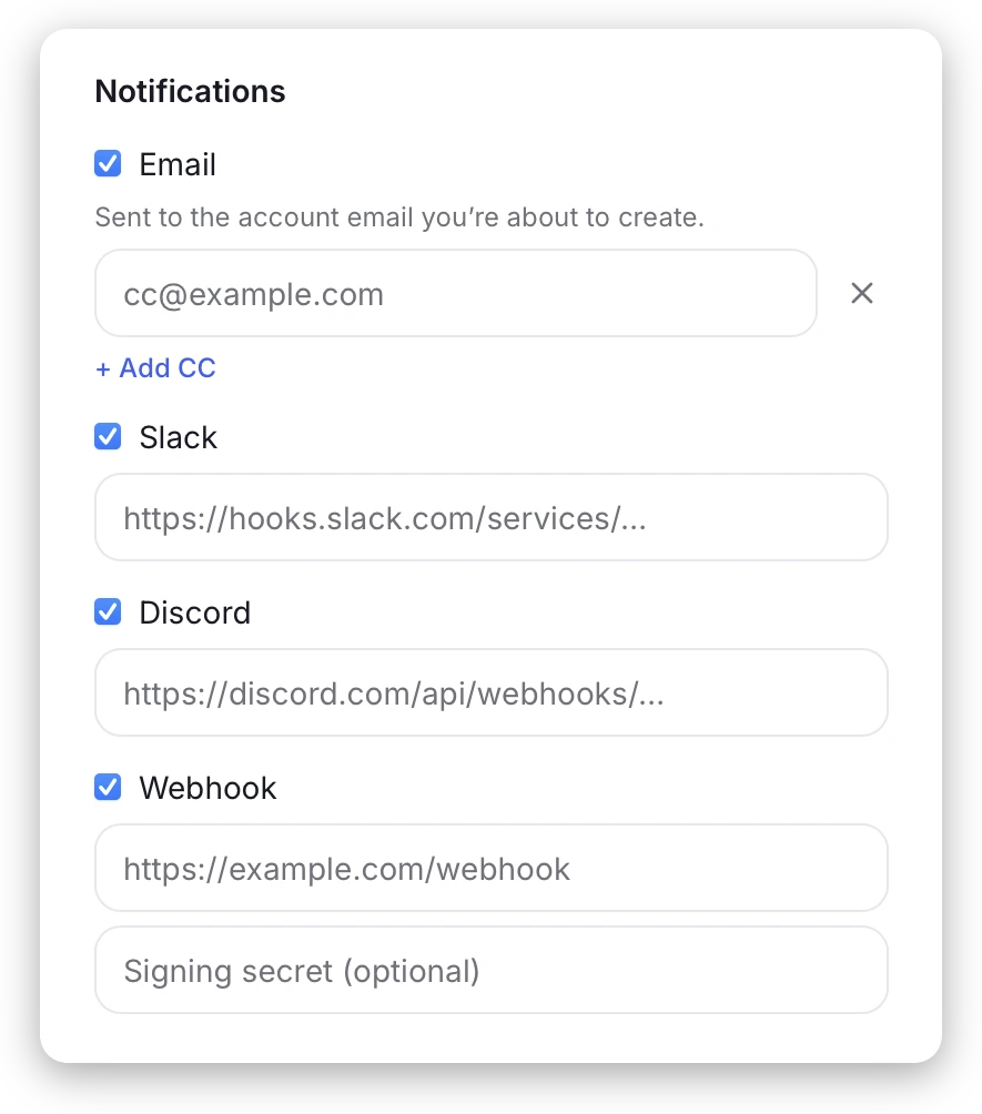 Notification channel options for page change alerts — email, Slack, Discord, and webhook